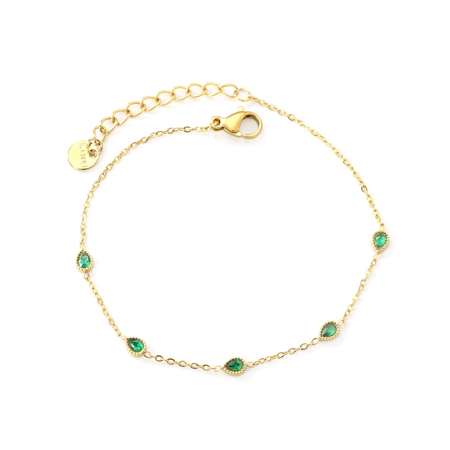 3.5*4.5mm teardrop shaped sticky emerald zirconium fittings 0.3 cross chain*18+3cm+6mm round plaque bracelet gold color asonjewelry